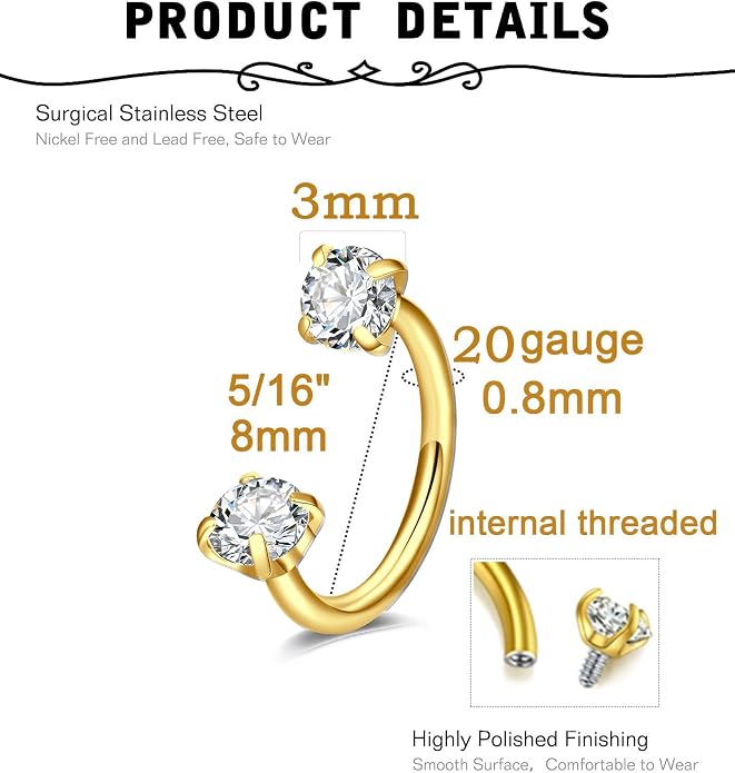 MODRSA 20g 16g 18g Piercing Taper Internal Threaded Piercing Taper Insertion Threader Tool Threadless Jewelry Changing Tool Horseshoe Nose Ring Labret Earring Studs Applicator Piercing Ball Grabber