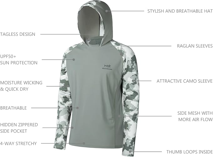 BASSDASH Men’s UPF 50 Performance Fishing Shirt Cooling Hoodie Camo Long Sleeve FS17M