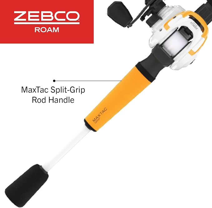 Zebco Roam Baitcast Reel and Fishing Rod Combo, 6-Foot 6-Inch 2-Piece Fiberglass Fishing Pole with Split-Grip MaxTac Rod Handle, Lightweight Graphite Frame, Right-Hand Retrieve