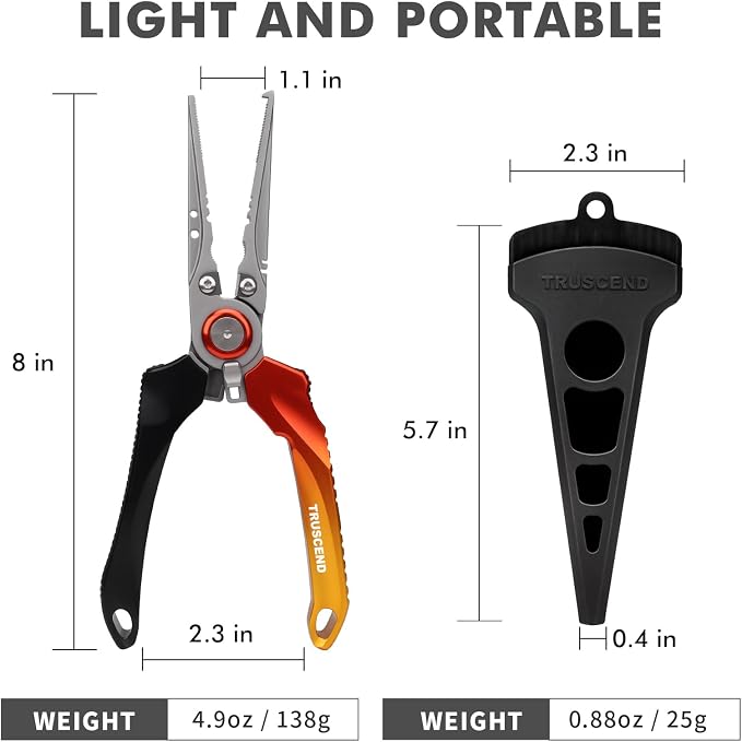 TRUSCEND Easy Use Lockable Fishing Pliers with Tungsten Carbide Cutter, Innovative Ergonomic Handy Handle, Saltwater Corrosion Resistant Teflon Coated Fishing Tool, Light Multi-Function Fishing Gear