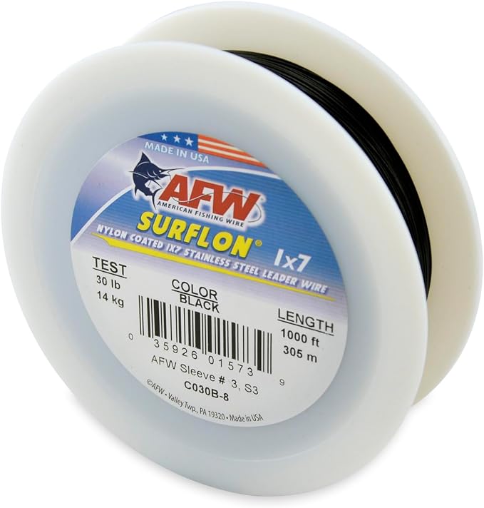 American Fishing Wire Surflon Nylon Coated 1x7 Stainless Steel Wire Leader - Wire Fishing Leader Line for Saltwater 10lb Up To 250lb Test in Bright, Black, Camo in 30ft, 100ft, 300ft, & 1000ft Lengths