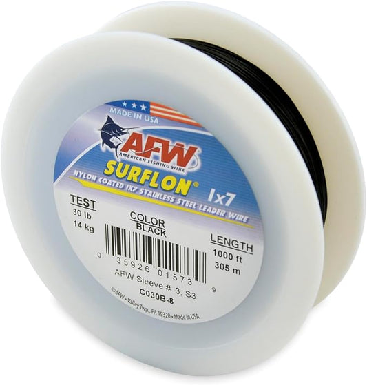 American Fishing Wire Surflon Nylon Coated 1x7 Stainless Steel Wire Leader - Wire Fishing Leader Line for Saltwater 10lb Up To 250lb Test in Bright, Black, Camo in 30ft, 100ft, 300ft, & 1000ft Lengths
