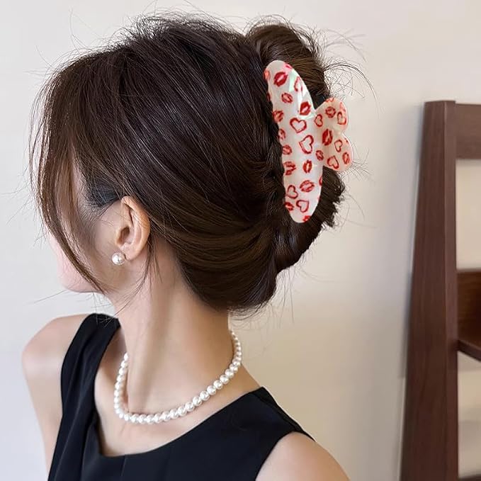 Heart Hair Claw Clips for Thick or Thin Hair, 1 Pack Red Heart Lips Pattern Hair Clips Valentine's Hair Accessories Large Acrylic Heart Shape Jaw Clips Strong Hold Clamp Clips for Women