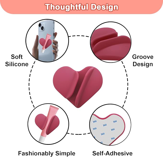 Lip Gloss Holder Phone Case,2026 New Model, Heart Shaped Gloss Bracket,Protective Lip Gloss Case with Adhesive Holder for Most Phone Models (Rose Pink)