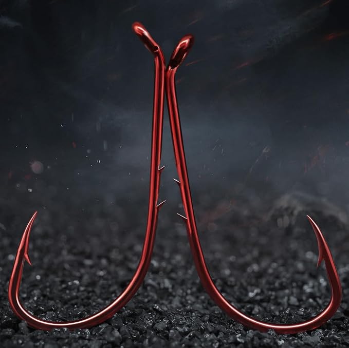 Baitholder Fishing Hooks 100 Pack - Double-Barbed Long Shank for Bluegill Bass Trout Walleye Black/Red, 8/0-#8