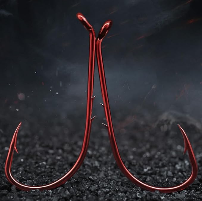 Baitholder Fishing Hooks 100 Pack - Double-Barbed Long Shank for Bluegill Bass Trout Walleye Black/Red, 8/0-#8