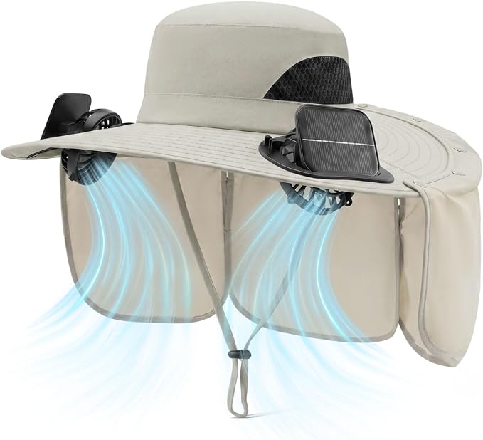 2 in 1 Wide Brim Sun Hat with 2 Solar Fans Sunshade UPF 50+ Garden Outdoor Fishing Beach Essential