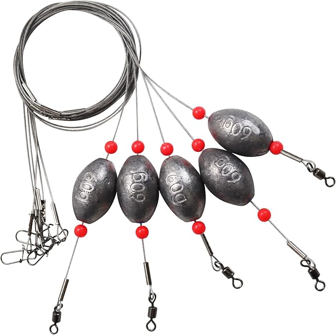 Fishing Egg Sinker with Soft Plastic Core Weight Rigs 5pcs Flounder Rig Saltwater,176.37lb Fishing Wire Leader with Egg Sinker Swivels Snap, Grouper Bottom Fishing Rigs