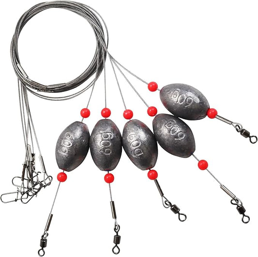 Fishing Egg Sinker with Soft Plastic Core Weight Rigs 5pcs Flounder Rig Saltwater,176.37lb Fishing Wire Leader with Egg Sinker Swivels Snap, Grouper Bottom Fishing Rigs