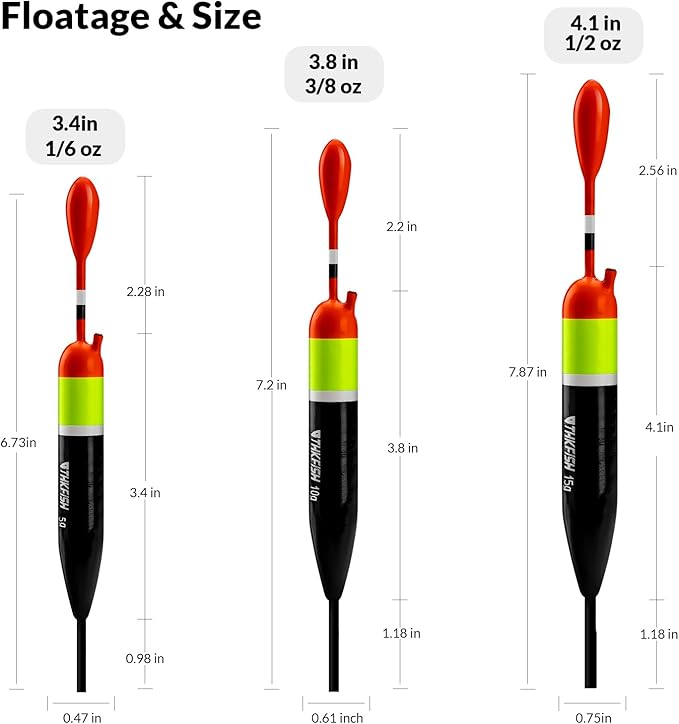 THKFISH Fishing Bobbers Fishing Floats and Bobbers Slip Bobbers for Fishing Balsa Floats Crappie Fishing Bobbers 1/6oz(3.47"X0.47"X6.73") 3/8oz(3.84"X0.6"X 7.2") 1/2oz(4.13"X0.75"X7.87")