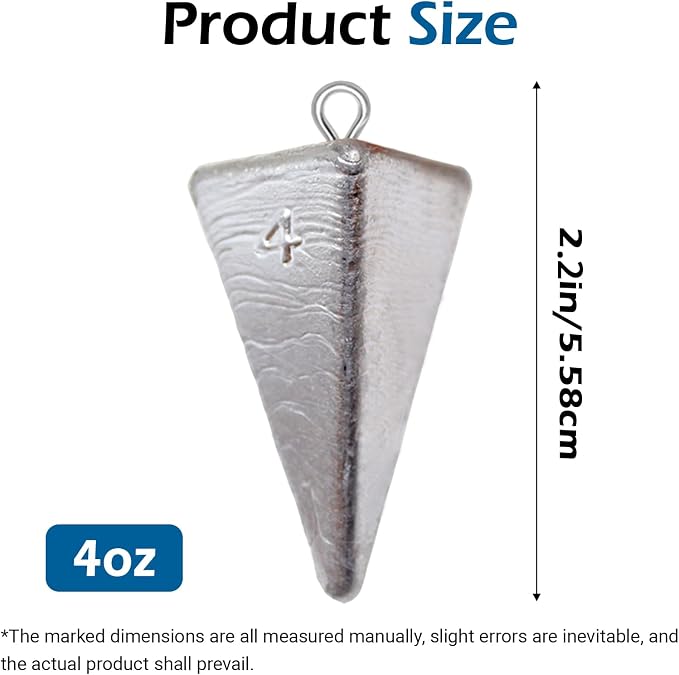 Pyramid Sinkers Assorted Weights 2oz 3oz 4oz, Lead Surf Fishing Sinkers for Saltwater Beach Bottom Fishing (5-8 Pack)