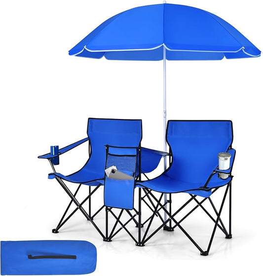 Tangkula Double Camping Chairs with Umbrella, Portable 2 Seat Folding Camp Chair with Cooler Bag, Beverage Holder, Carrying Bag, Foldable Lawn Chair for Outside, Fishing, Picnic, Beach