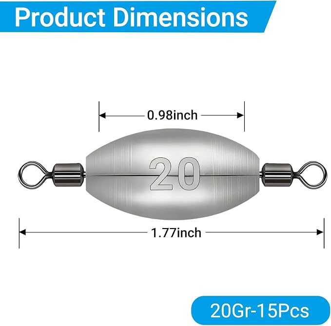 Polsefve Inline Trolling Fishing Weights with Inner Swivels, Oval Drop Casting Sinkers Lead Sinker Tackle for Catfish Bass Saltwater & Freshwater Bottom Fish(10g/15g/20g/30g/40g/60g)