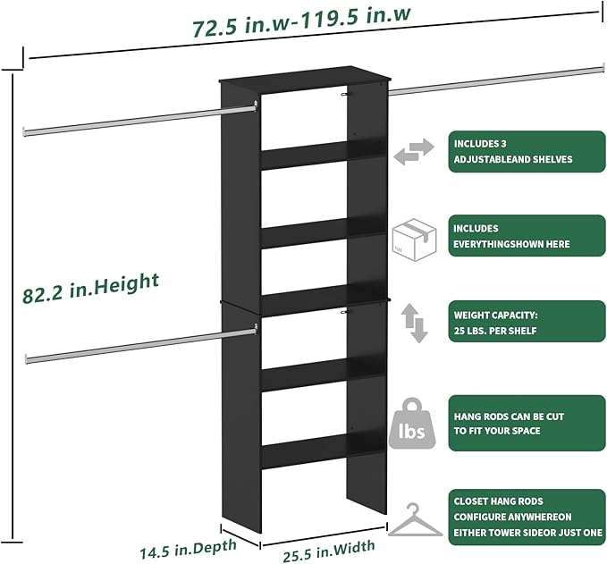 ROOMTEC Closet System, 25.5" Wide Wall-Mounted Closet Organizer Kit with Wood Storage Tower and 3 Hanging Rods, Wardrobe Closet System for Walk-In Closets, Black