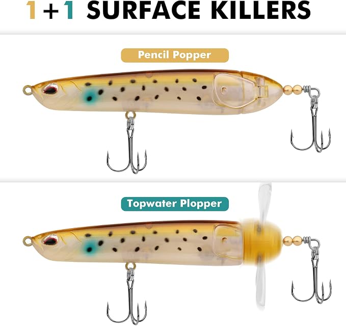 TRUSCEND Popobait Easy Catch Fishing Lures with BKK Hooks, Instant Startup, Longer Cast, Balanced Spray/Sound/Swim, Plopper Topwater Lures for Bass, Trout, Pike, Walleye, Freshwater Saltwater Fishing