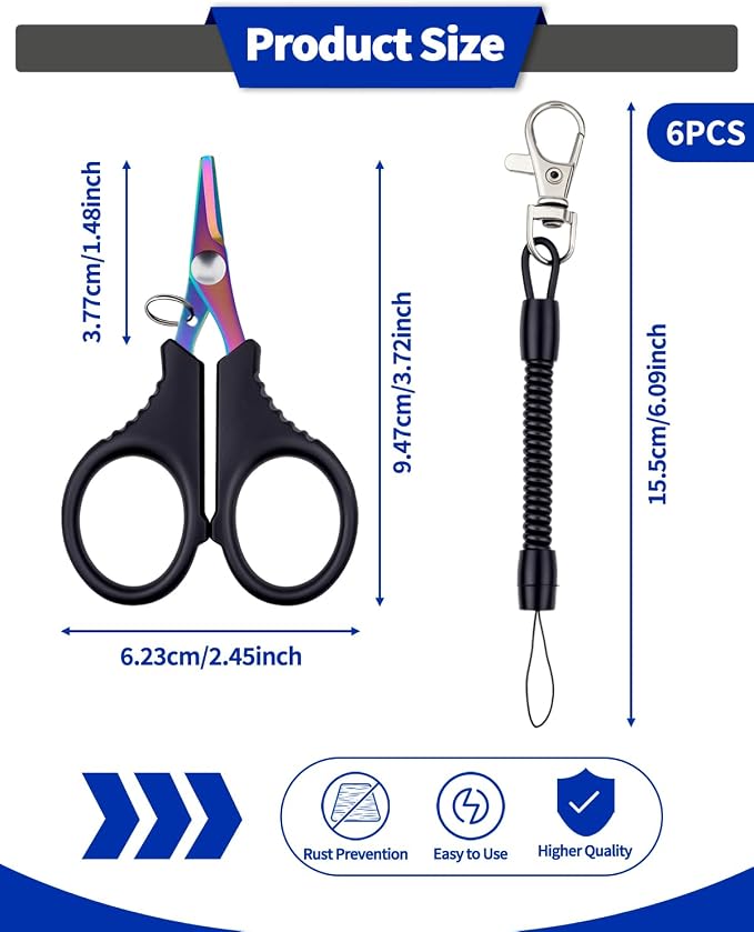 6 Pieces Fishing Scissors, Stainless Steel Fishing Line Cutter &braided Line Cutter, Cutters with Titanium Coating-Fishing with Hook and Retractable Coil Lanyards Fishing Accessories (Colorful)