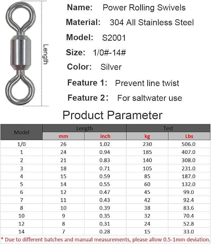 100 Pcs Fishing Swivels Saltwater, 100% 304 Stainless Steel Power Swivel Corrosion Resistance Barrel Swivels High Strength Freshwater Fishing Line Lure Leader Connectors