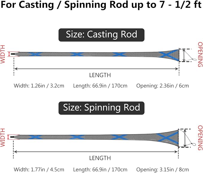 BASSDASH Casting Spinning Fishing Rod Sleeves Protective Rod Socks for Fishing Poles Up to 7-1/2ft