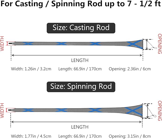 BASSDASH Casting Spinning Fishing Rod Sleeves Protective Rod Socks for Fishing Poles Up to 7-1/2ft