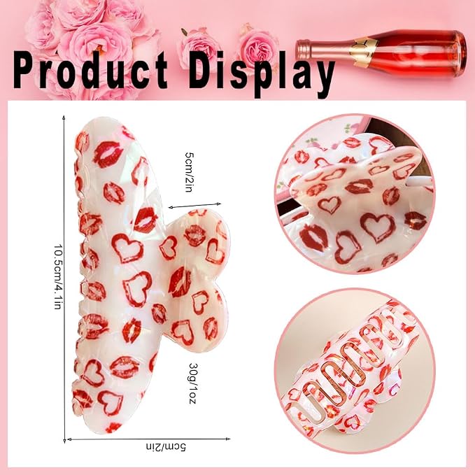 Heart Hair Claw Clips for Women, Red Heart Sexy Lips Design Hair Clips for Thick Thin Hair, Laser Acrylic No-Slips Claw Clips Strong Hold Large Hair Barrette Clips for Women Hair Accessories