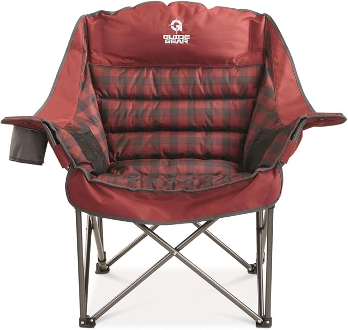 Guide Gear Oversized Extra Large Padded Camping Chair, Portable, Folding, Large Camp Lounge Beach Chairs for Outdoor, Adults, Men and Women, Heavy-Duty 400 Pound Capacity, with Cup Holder Red Plaid