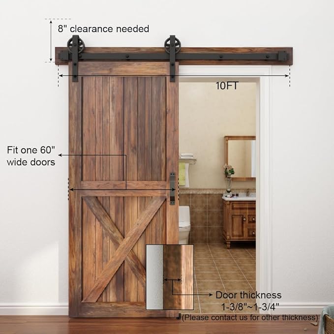 WINSOON 5-16FT Single Wood Sliding Barn Door Hardware Basic Black Big Spoke Wheel Roller Kit Garage Closet Carbon Steel Flat Track System (10FT)
