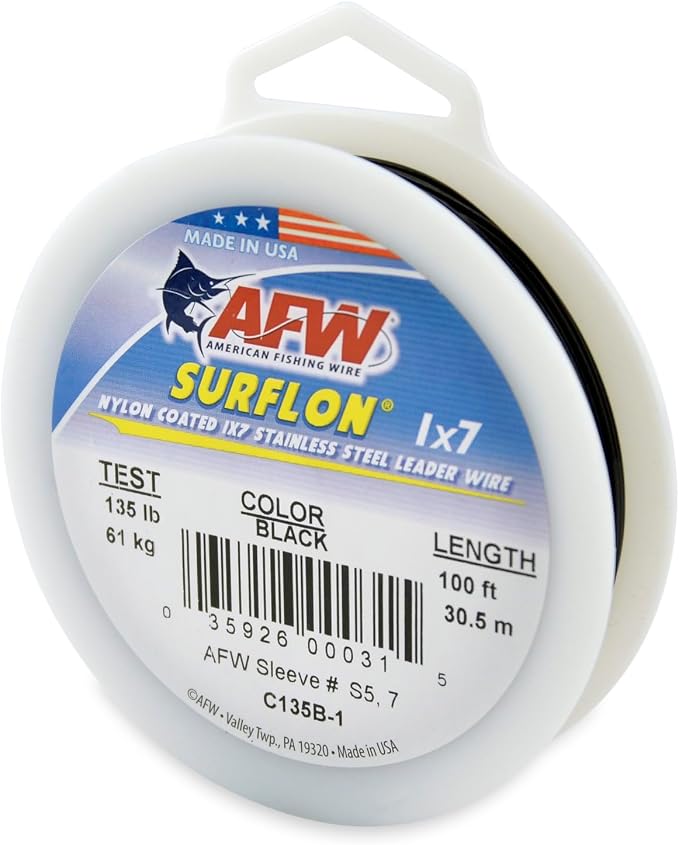 American Fishing Wire Surflon Nylon Coated 1x7 Stainless Steel Wire Leader - Wire Fishing Leader Line for Saltwater 10lb Up To 250lb Test in Bright, Black, Camo in 30ft, 100ft, 300ft, & 1000ft Lengths