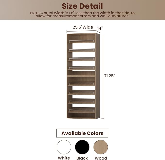 ROOMTEC Modular Closet System, 25.5" Shoe Shelf Closet Tower Wall-Mounted Closet Organizer, Wooden Tower for Walk-In Closets, Wardrobe Storage Kit, Wood