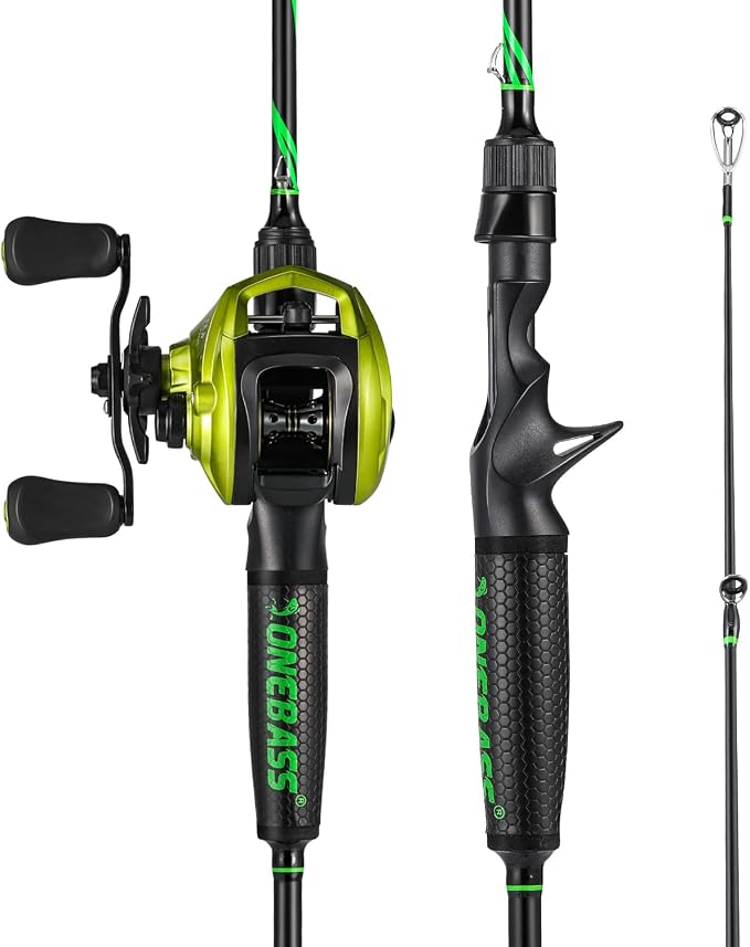 One Bass Fishing Rod Reel Combos, Spinning & Casting Combo, Graphite 2Pc Blanks, Stainless-Steel Guides, Super Polymer Handle