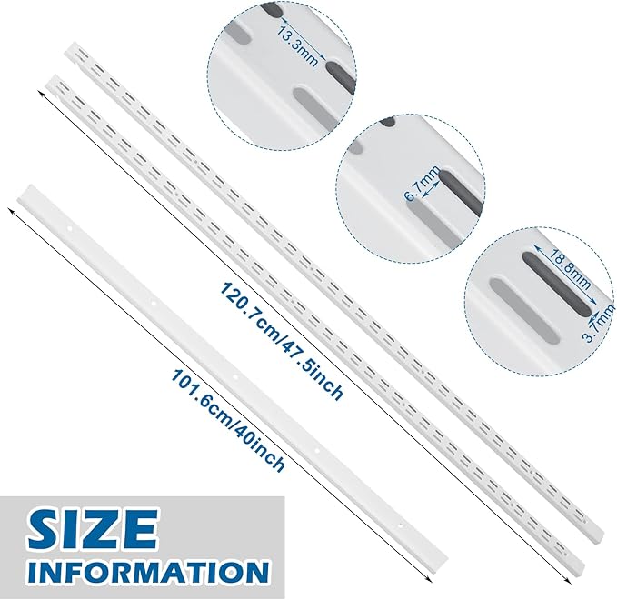 Blulu 2 Pcs 47.5 Inch Shelf Rails Bracket Dual-track Upright Wall Shelving System with 1 Pcs 40 Inch Rail Hardware White Heavy-duty Steel Wall Standard Shelf System for Home Laundry Pantry Closet