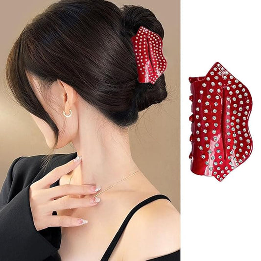 1 Pack Hair Clips for Women Wine Red Sexy Lips Exquisite Claw Clips for Thick or Thin Hair Crystal Rhinestones Design Hair Clamp Clip Holiday Wedding Hair Barrette Hair Accessories Styling