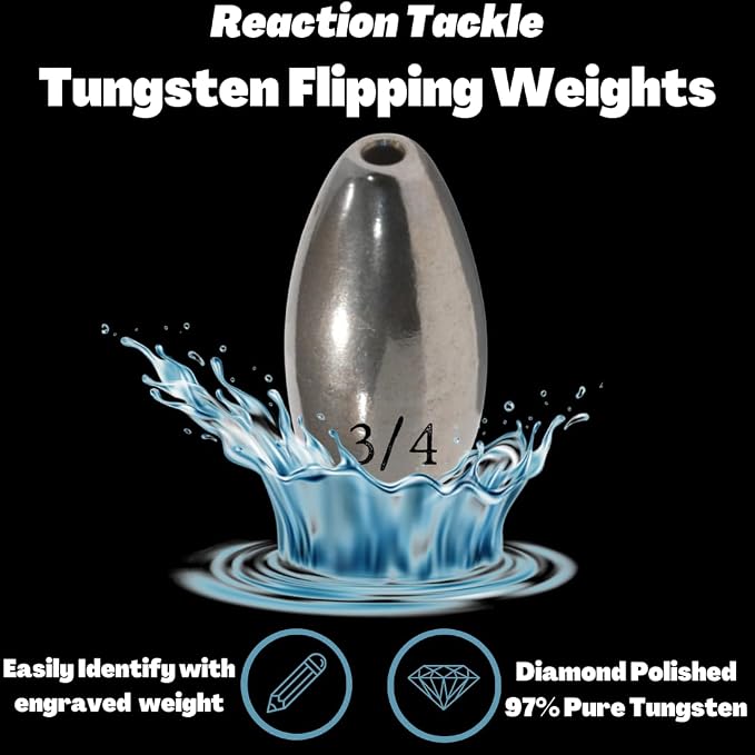 Reaction Tackle Tungsten Flipping Weights for Bass Fishing - Sinkers for Punching Heavy Cover - Fresh & Saltwater - Texas/Carolina Rigs - Size Stamped