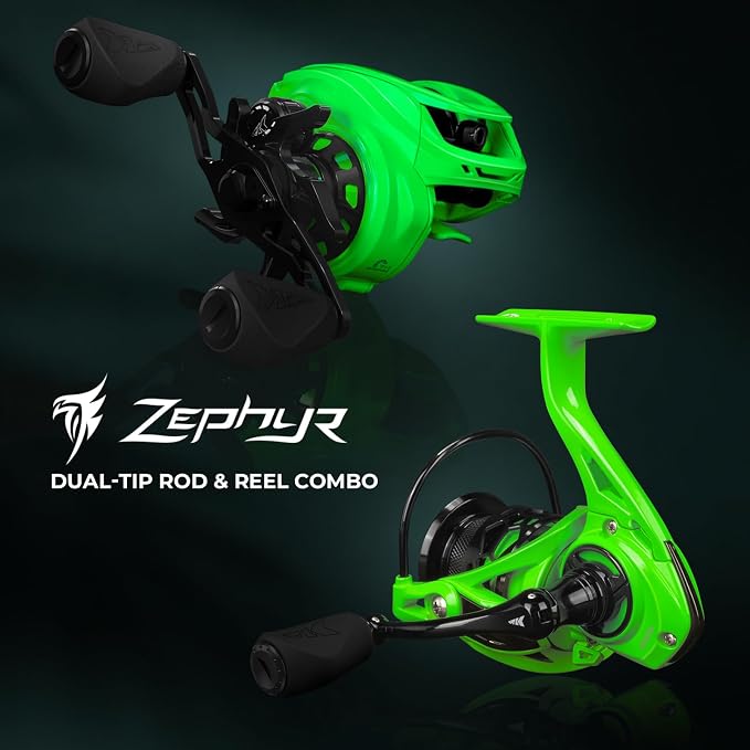 KastKing Zephyr Dual-Tip Fishing Rod and Reel Combo,Spinning & Baitcaster Combo,Dual Tips Section for Different Powers,IM6 Graphite 2-Piece Rod with Extra Tip,Sensitive & Powerful,Freshwater Fishing