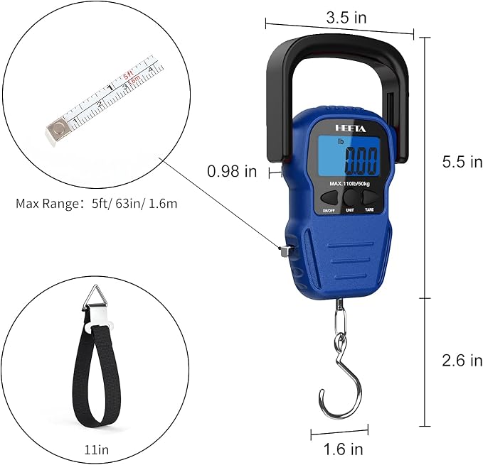 HEETA Fish Scale with Backlit LCD Display, Up to 110lb/50kg Digital Portable Hanging Fish Weight Scale with Hook & Measuring Tape for Home, Farm, Outdoor, Hunting, Fishing, 2 AAA Batteries Included