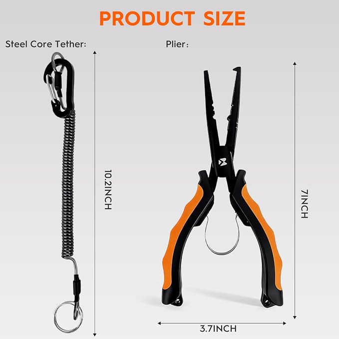 BasicGear Heavy-Duty Fishing Pliers - 7" S45C Carbon Steel Head with Teflon Coating, External Spring & Steel-Core Lanyard