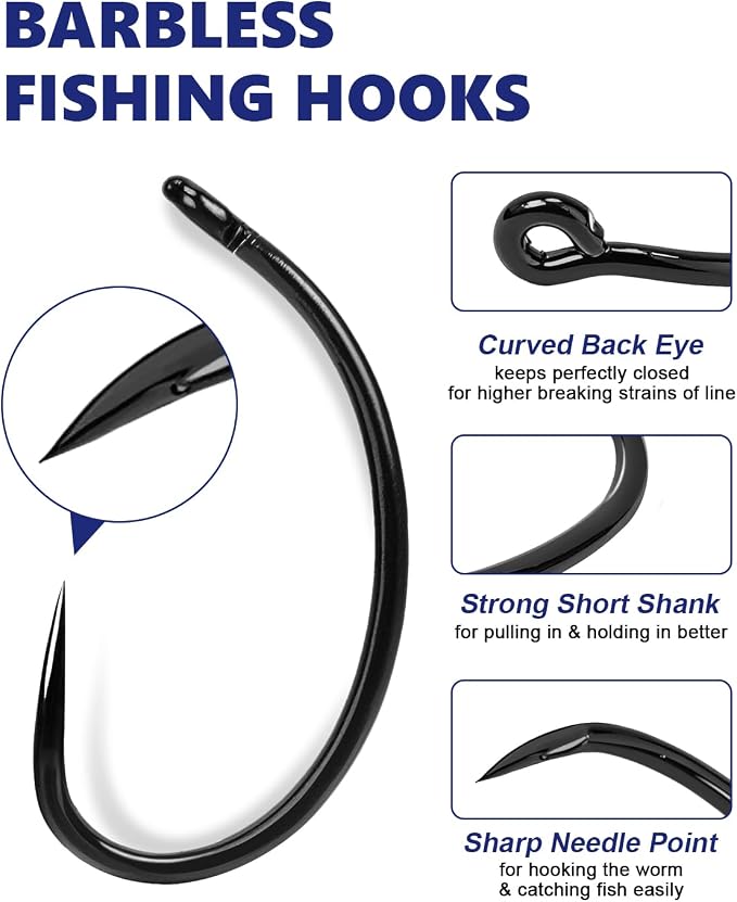 UCEC 190/220/260PCS Barbless Fishing Hooks, Carp Hooks Circle Curve Shank Fly Tying Fishing Hook Tackle Kit for Freshwater Saltwater Hair Rig Trout Size: 2# 4# 6# 8# 10#