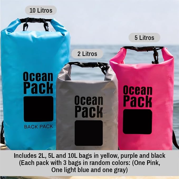 Waterproof Dry Bag Backpack Set of 3 (2L 5L 10L) – PVC Roll Top Waterproof Bags for Kayaking, Camping & Travel – Floating Compression Dry Pack for Outdoor Gear (Pink, light blue, gray)