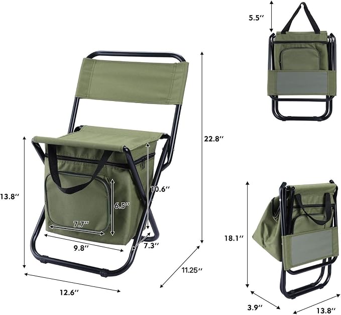 LEADALLWAY Fishing Chair with Cooler Bag Compact Fishing Stool Foldable Small Hunting Chair 12.2" Seat Depth,12.6" Seat Width