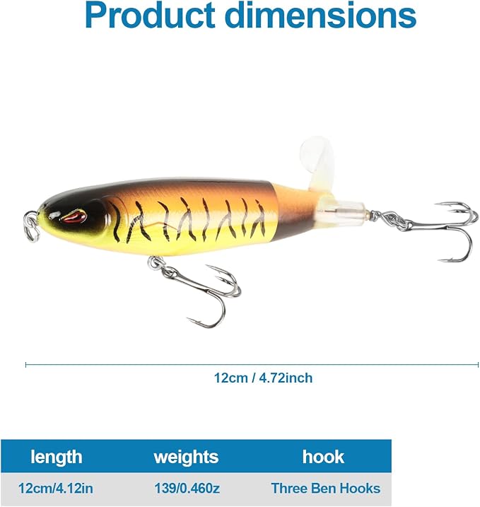 Popper Top Water Fishing Lure: Whopper Fishing Lures with Floating Rotating Tail Barb Treble Hooks Saltwater Freshwater for Bass
