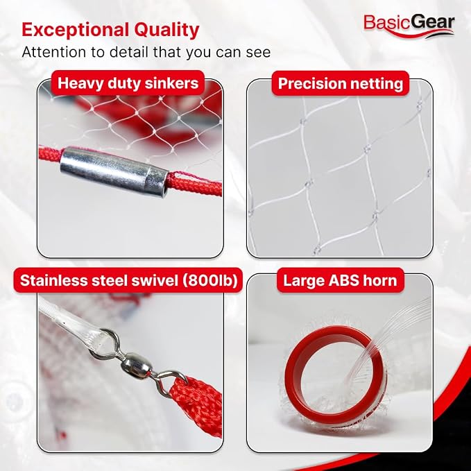 BasicGear Cast Net | 3ft-12ft Radius, 3/8 or 1/4 inch Mesh for Freshwater and Saltwater Bait Fish| Professional Grade and Upgraded Material | Throw Style