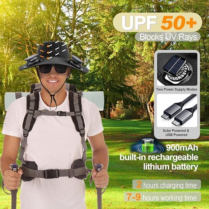 Fishing Hats with Sunglasses, Wide Brim Sun Hat with 2 Solar Fan, USB & Solar Powered Fishing Hats, Solar Fan Hats UPF 50+