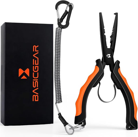 BasicGear Heavy-Duty Fishing Pliers - 7" S45C Carbon Steel Head with Teflon Coating, External Spring & Steel-Core Lanyard