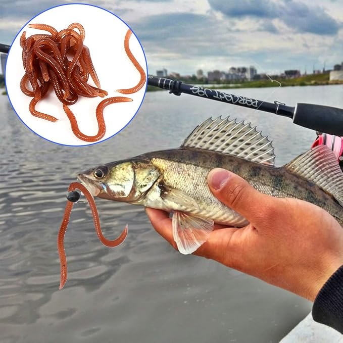 Joyzan Fishing Bait, Soft Lure Trout Worm Fake PVC Earthworm Bass Artificial Lures Kit Faux Trick Toy Drop Shot Bloodworm Grub Stickbaits Realistic Tackle Lifelike Shaped Stretchy Fresh Water 18PCS