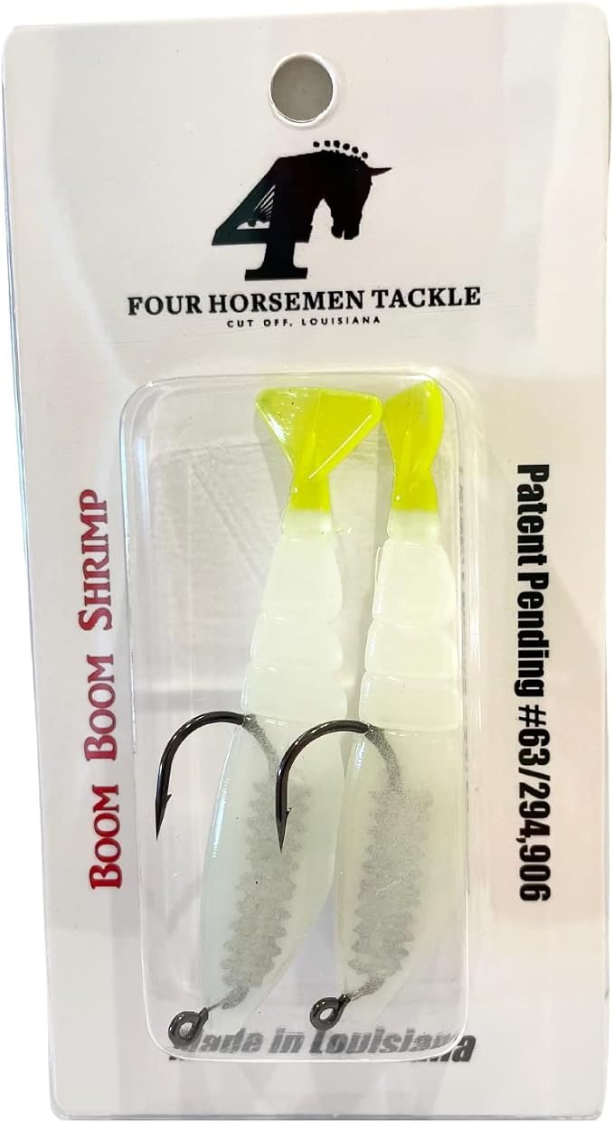 Four Horsemen Boom Boom Shrimp Plastic Bait Made in USA Saltwater Fishing Lures for Speckled Trout, Redfish - 1/8 Deathgrip Jighead Hook - Contains 2 Swimbaits