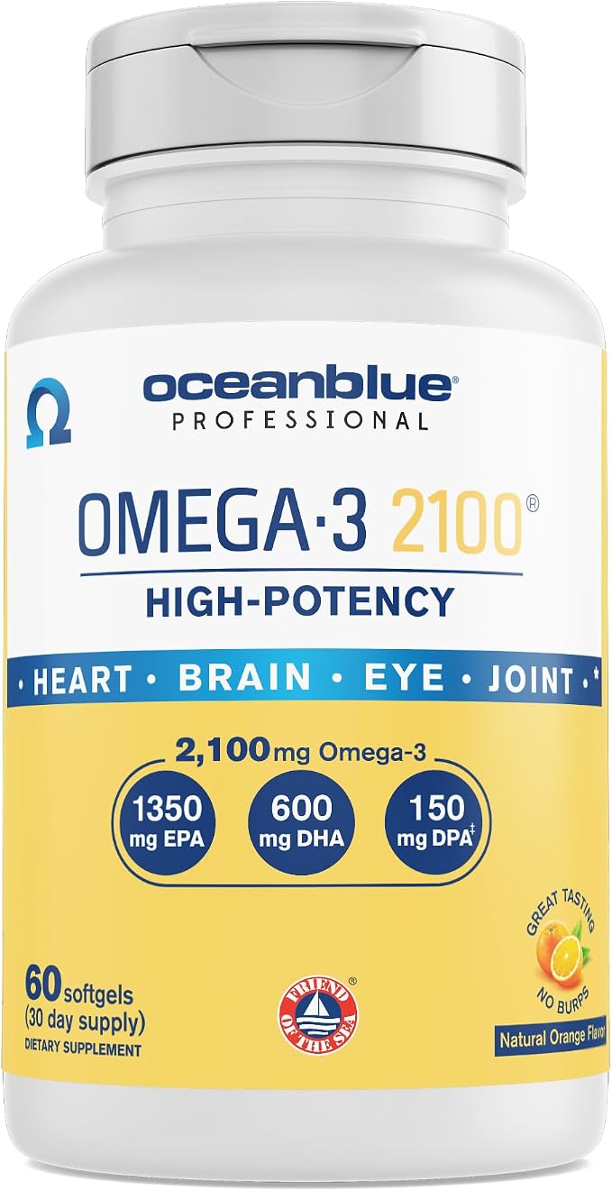 Oceanblue Professional Omega-3 2100 – Triple Strength DPA EPA DHA Omega 3 Supplement – High Potency Burpless Wild Caught Fish Oil – Orange Flavor, 120 Softgels (60 Servings)