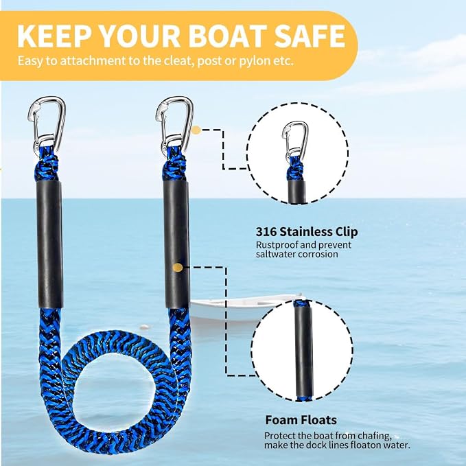 Bungee Boat Dock Line, Boat Rope with Double 316 Stainless Steel Clips Accessories for Bass Boat, Kayak, Pontoon, Watercraft, Waverunner, SeaDoo, Canoe,2Packs,4-6FT,Blue&Black