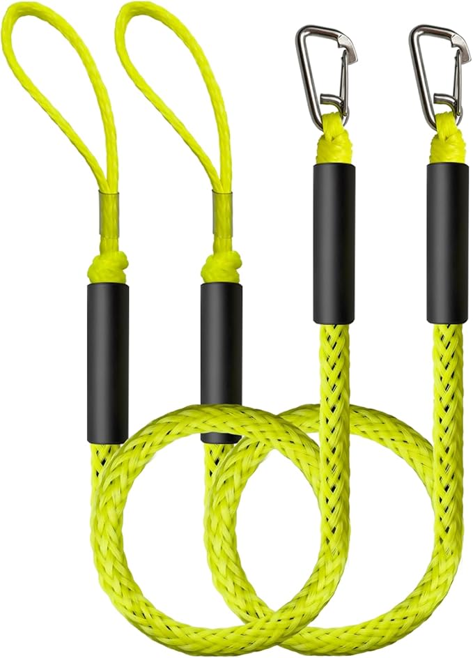 Boat Accessories 4Feet Boat Bungee Dock Lines (2 Pack) with 30cm Extended Loop Shock Absorbing, 316 Stainless Steel Clip & Floating Foam, Mooring Lines for Boats, Jet Ski, Pontoon(Neon Yellow)