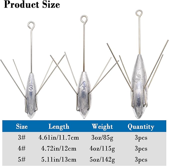 3 Pcs Sputnik Sinker Long Tail Fishing Weight Equipment, Saltwater Surf Casting Catfish Sinkers, Beach Sea Ocean Sand Fishing Spider Sinker(Silver)