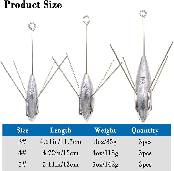 3 Pcs Sputnik Sinker Long Tail Fishing Weight Equipment, Saltwater Surf Casting Catfish Sinkers, Beach Sea Ocean Sand Fishing Spider Sinker(Silver)