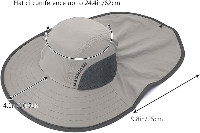 BASSDASH UPF 50+ Unisex Water Resistant Wide Brim Sun Hat with Large Neck Flap Ponytail Fishing Hat for Men Women